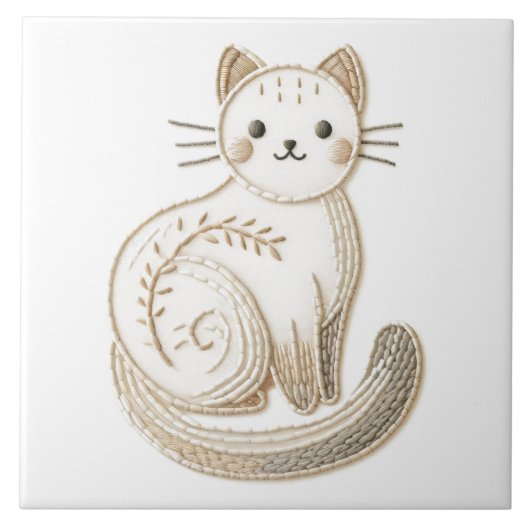 刺繍スタイルニュートラルボホキティキャットアート タイル (正面)