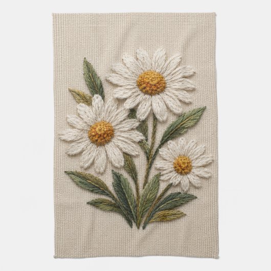 刺繍デイジーの花開く キッチンタオル (縦)