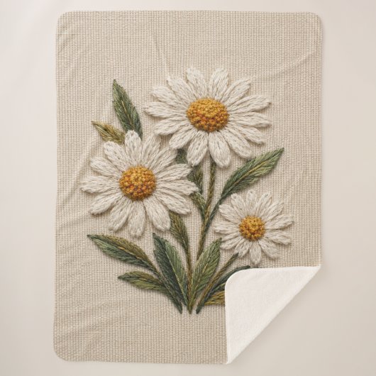 刺繍デイジーの花開く シェルパブランケット (正面)