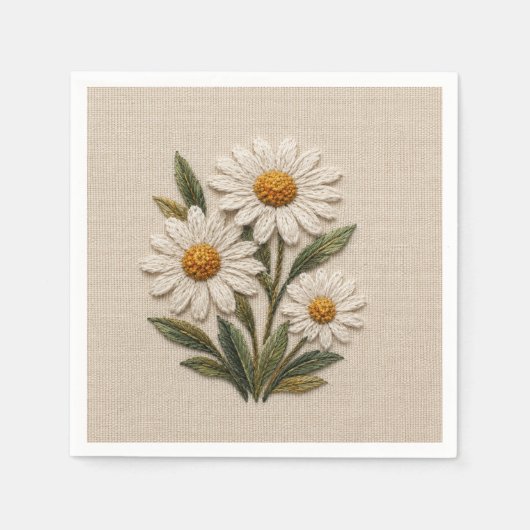 刺繍デイジーの花開く スタンダードカクテルナプキン (正面)