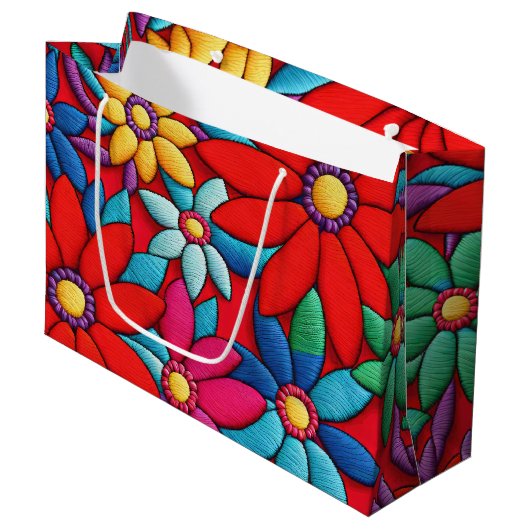 刺繍デイジーデザイン ラージペーパーバッグ (正面アングル)