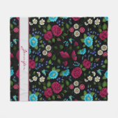 刺繍パーソナライズされたスタイルフローラブルーブラック フリースブランケット (正面(横))