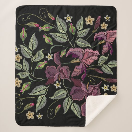 刺繍パープルアイリス黒い背景。 シェルパブランケット (正面)