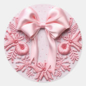 刺繍ピンクのクリスマスリボン ラウンドシール (正面)