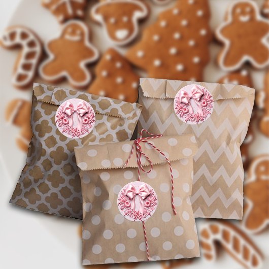 刺繍ピンクのクリスマスリボン ラウンドシール