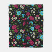 刺繍フォークスタイルピンクブルーフローラブラック フリースブランケット (正面)