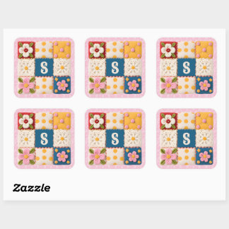 刺繍フラワーパッチワークキルトモノグラム スクエアシール