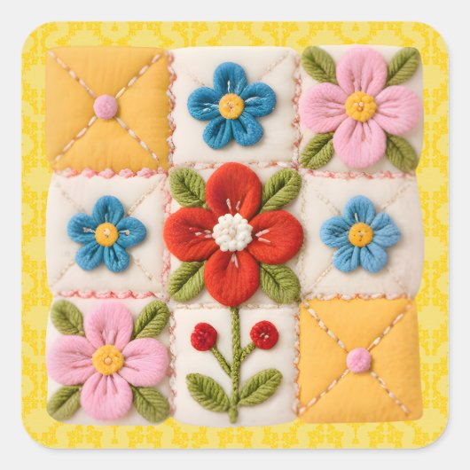刺繍フラワーパッチワークキルト スクエアシール (正面)