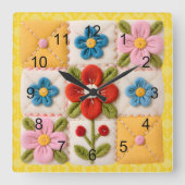 刺繍フラワーパッチワークキルト スクエア壁時計 (正面)