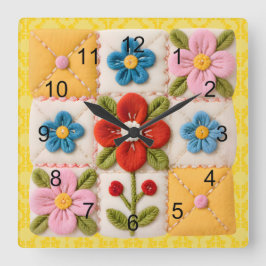 刺繍フラワーパッチワークキルト スクエア壁時計