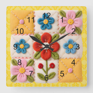 刺繍フラワーパッチワークキルト スクエア壁時計