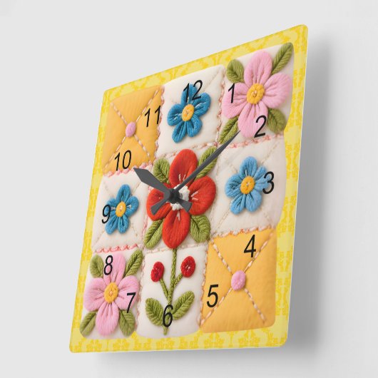 刺繍フラワーパッチワークキルト スクエア壁時計 (傾斜)