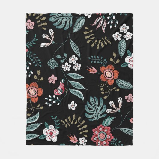 刺繍フローラネックライン、ヴィンテージブーケ。 フリースブランケット (正面)