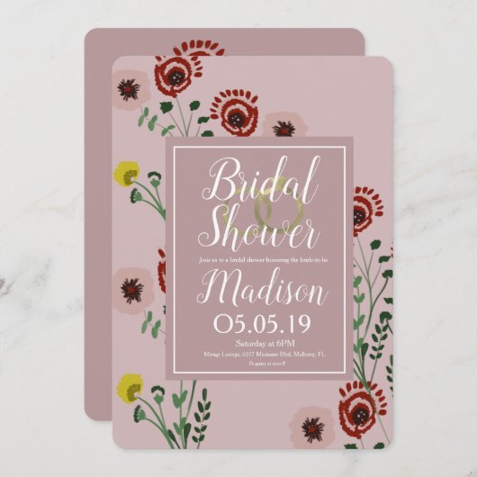 刺繍フローラブライダルシャワーヴィンテージ箔リングや輪 招待状 (正面/裏面)