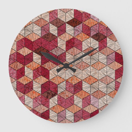 刺繍ヘキサゴン:ボヘミアンパッチワークプリント。 ラージ壁時計 (正面)