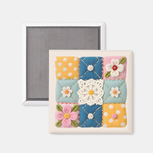 刺繍レースと花のキルトブロック マグネット