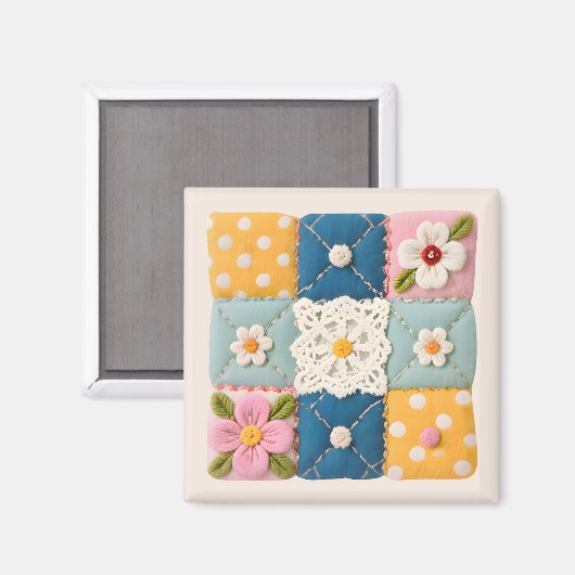 刺繍レースと花のキルトブロック マグネット (正面/裏面)