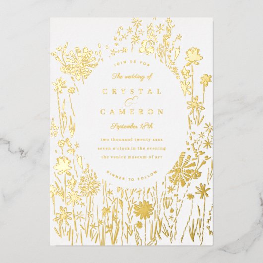 刺繍ワイルドフラワーフィールドフローラメドウ金ゴールド 箔招待状 (正面)
