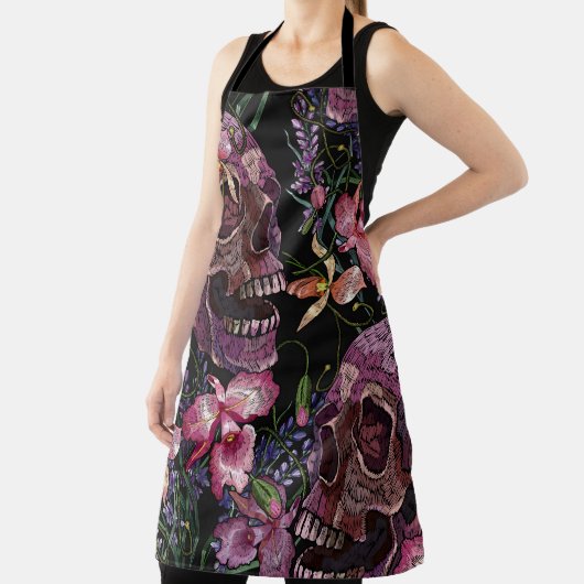 刺繍人間のスカルとピンクの蘭の花パット エプロン (インサイチュ)