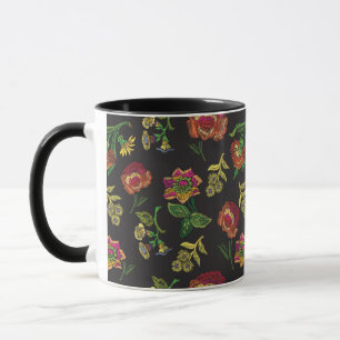 刺繍入りマグカップ – 黒い背景に花 マグカップ