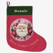 刺繍効果クリスマスサンタ名前をカスタムする ラージクリスマスストッキング (正面)