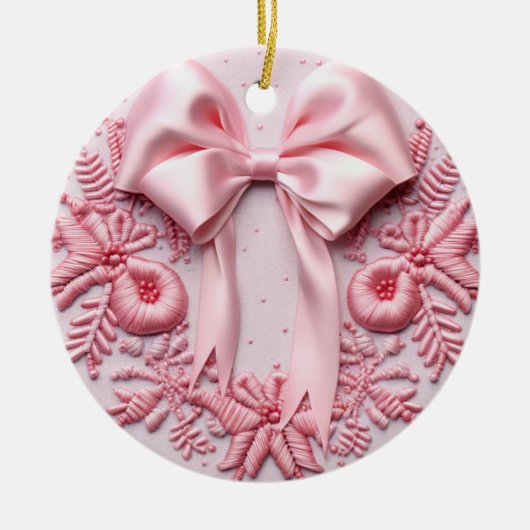 刺繍効果クリスマスボウカスタムの写真名 セラミックオーナメント (正面)