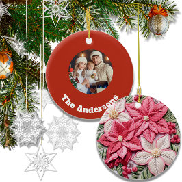 刺繍効果クリスマスポインセチア写真 セラミックオーナメント