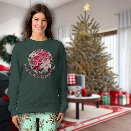 刺繍効果クリスマスポインセチア挨拶 スウェットシャツ