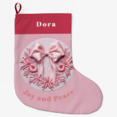 刺繍効果ピンククリスマスボウ名前をカスタムする ラージクリスマスストッキング (正面)