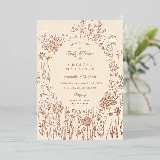 刺繍山花フローラ牧草地ベビーシャワー 箔招待状 (立ち正面)