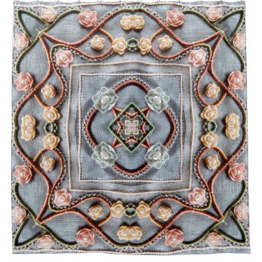 刺繍模様に綿糸レース、真珠 シャワーカーテン (正面)