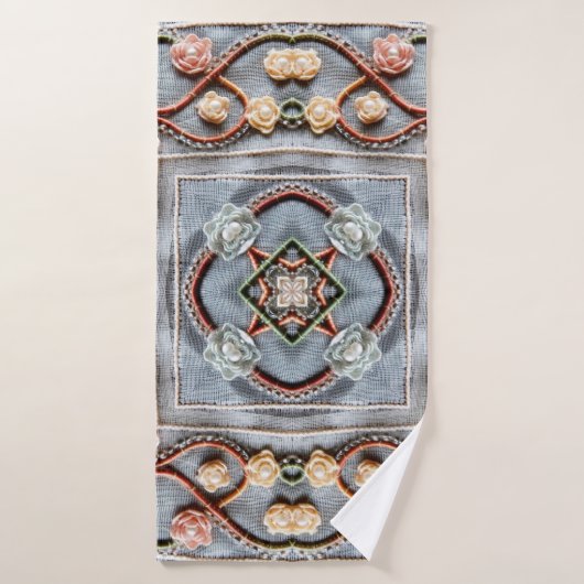 刺繍模様に綿糸レース、真珠 バスタオル (バスタオル)