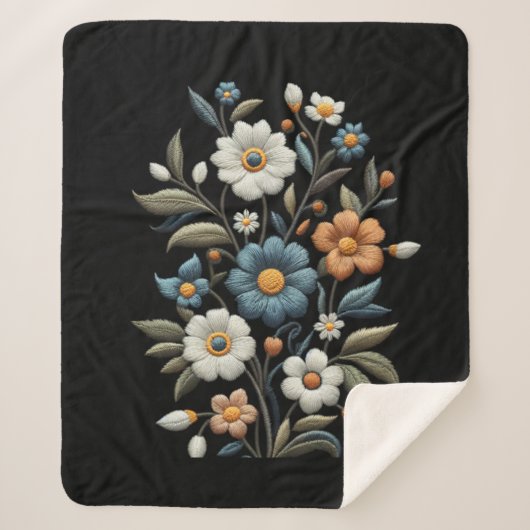 刺繍模様のワイルドフラワー黒い背景 シェルパブランケット (正面)