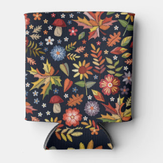 刺繍秋：花カラフル柄。 缶クーラー