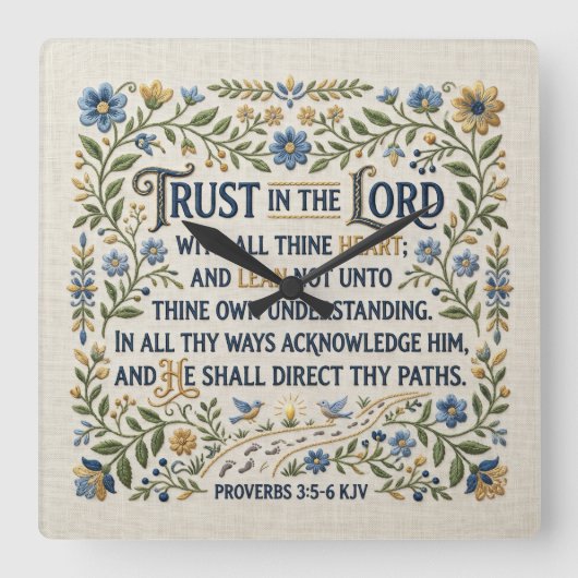刺繍箴言 3:5-6 KJV 御信頼 スクエア壁時計 (正面)