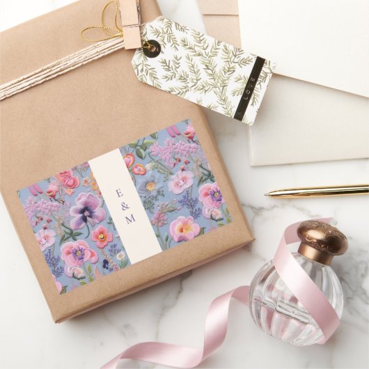 刺繍花イニシャル 長方形シール (ギフト)