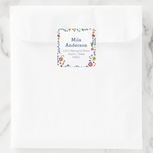 刺繍花模様スクエア住所 シール (バッグ)