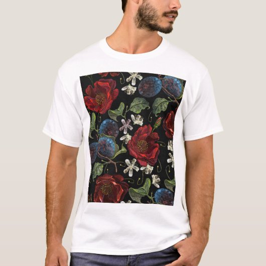 刺繍花模様:ルネッサンスシームレスパターン Tシャツ (正面)