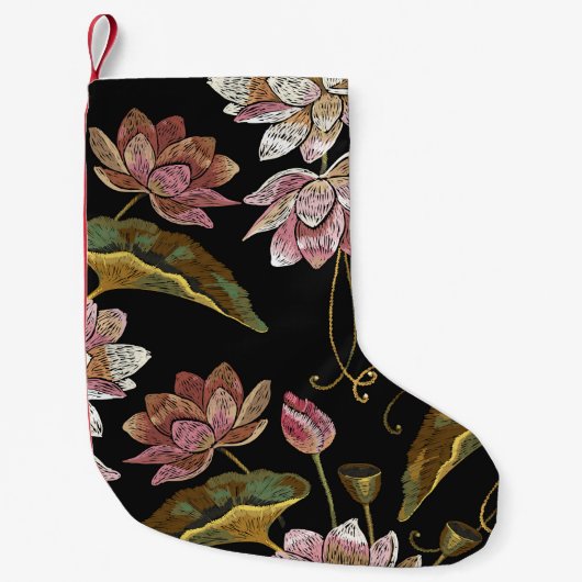 刺繍蓮の花シームレスなパターン スモールクリスマスストッキング (正面)