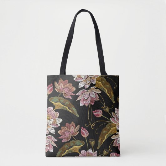 刺繍蓮の花シームレスなパターン トートバッグ (正面)