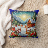 刺繍風の屋外 冬のクリスマスの情景 クッション (ブランケット)