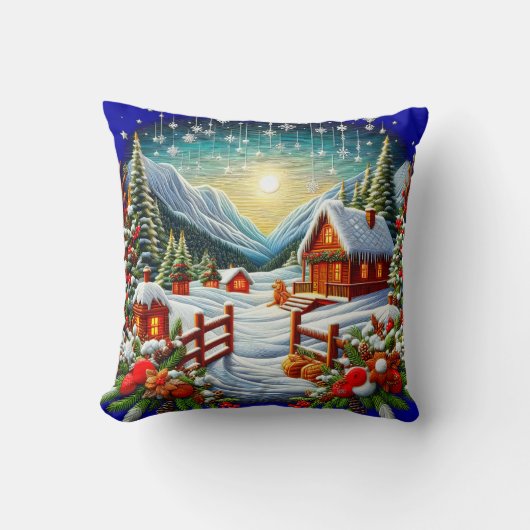 刺繍風の屋外 冬のクリスマスの情景 クッション (正面)