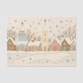 刺繍風クリスマスの雪景色の村のシーン 薄葉紙