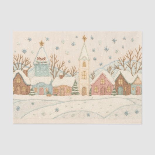 刺繍風クリスマスの雪景色の村のシーン 薄葉紙 (正面)