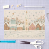 刺繍風クリスマスの雪景色の村のシーン 薄葉紙 (クラフト)