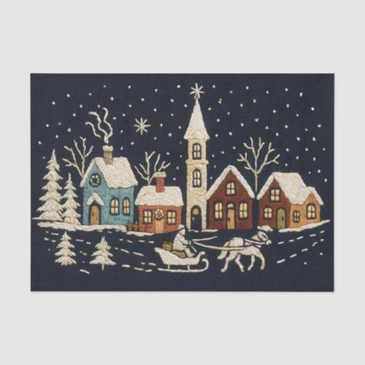 刺繍風クリスマススノービレッジシーン ブルー 薄葉紙 (正面)