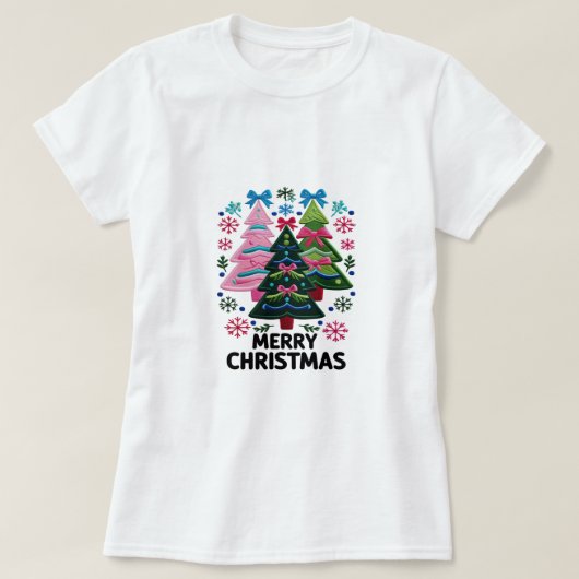 刺繍風クリスマスツリー – パステルメリークリスマス Tシャツ (デザイン正面)