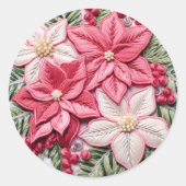 刺繍風ピンクのクリスマスプエルセッティア ラウンドシール (正面)