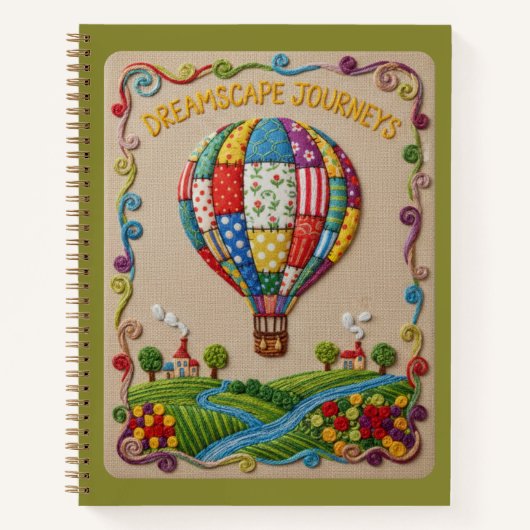 刺繍風熱気球デザインのDreamscape Journeysノート ノートブック (正面)