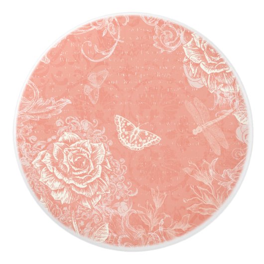 刻まれたバラ、蝶とトンボ セラミックノブ (正面)